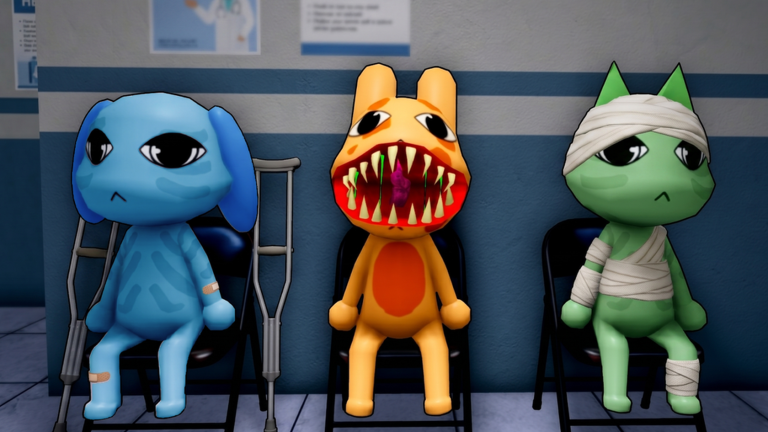 Tiga pasien hewan di Animal Hospital Roblox, yang di tengah bermulut monster adalah si Mimic