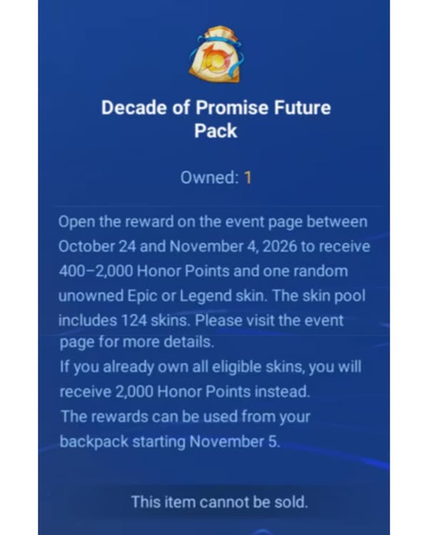 Kartu item Decade of Promise Future Pack di backpack Honor of Kings beserta rincian hadiah