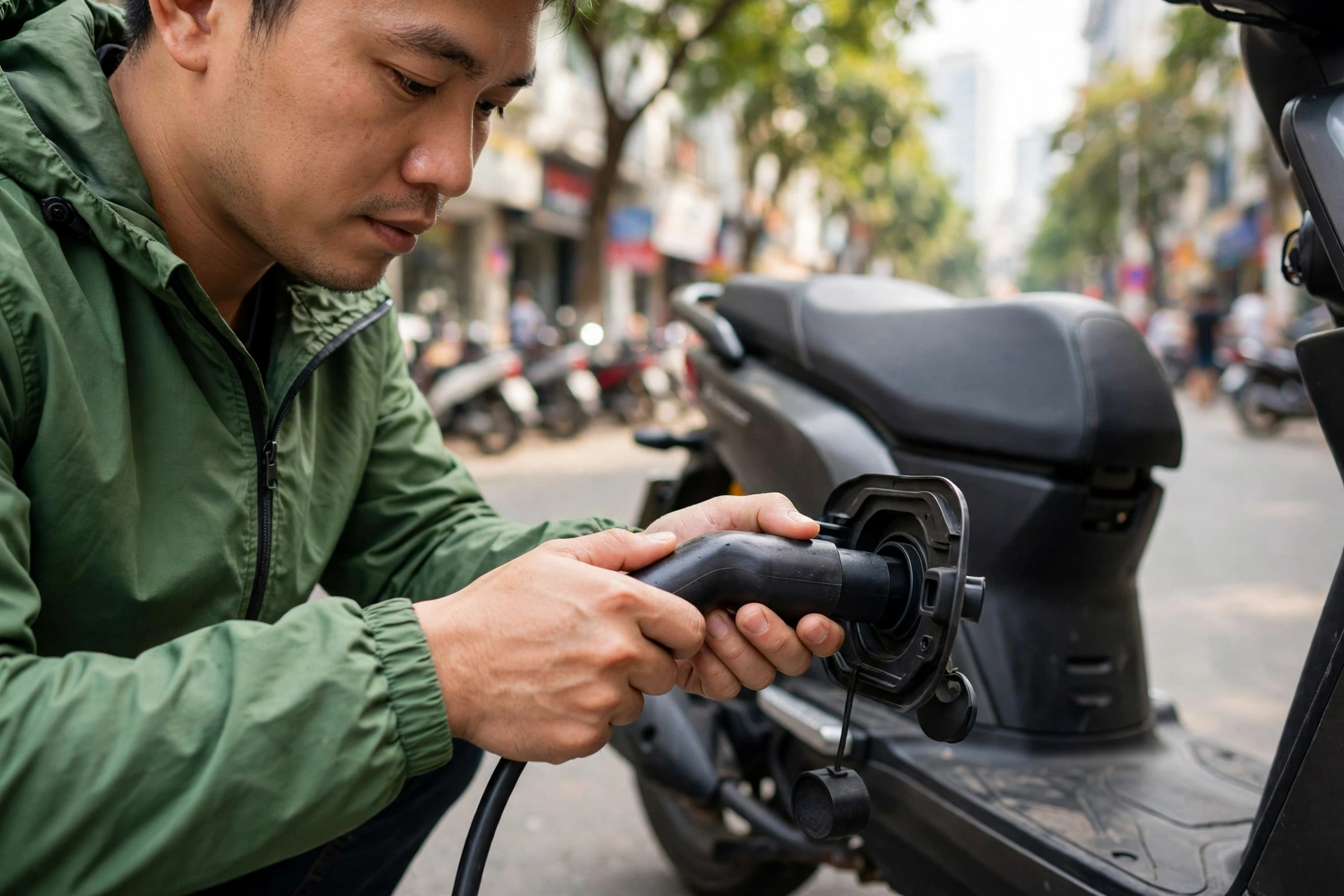 Shipper cắm sạc cho xe máy điện trên đường phố