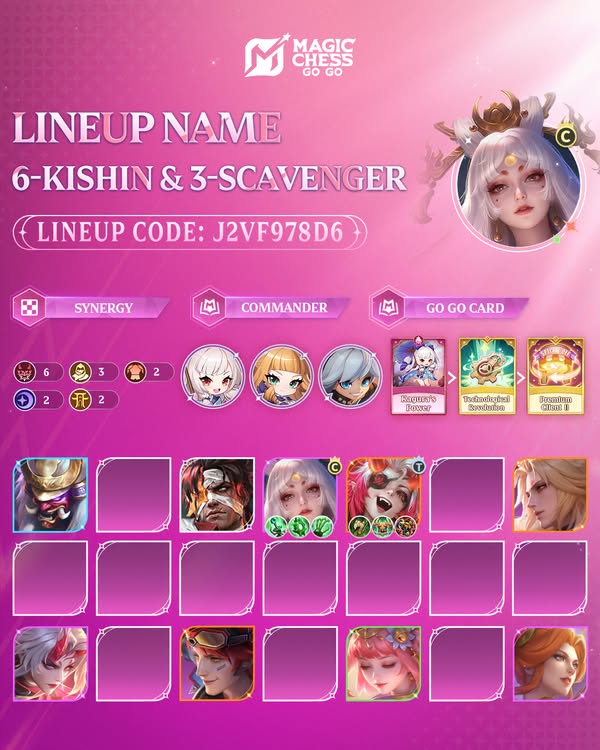 Kartu lineup resmi 6-Kishin dan 3-Scavenger Magic Chess Go Go dengan kode J2VF978D6 beserta susunan item
